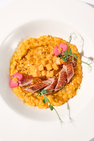 Top view of duck breast with pumpkin risotto on white, ideal for autumn menu promotions and food blogging.の写真素材