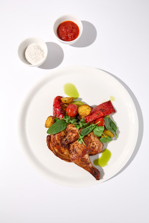 Roasted chicken tabaka with potatoes and sauces on a white background, top view - ideal for menus and culinary guides.の写真素材
