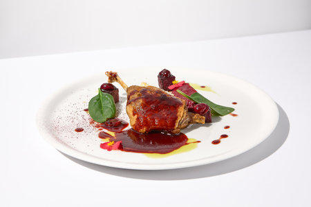 Duck leg confit with berry sauce, artistically presented on an isolated white background, a feast for the senses.の写真素材
