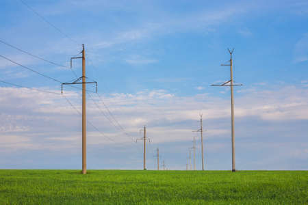 Electrical net of poles on a panorama of blue sky and green meadowの写真素材