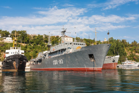 SEVASTOPOL, UKRAINE - AUGUST 13, 2011 - The military ship in the naval bay of Sevastopol on 13 of...