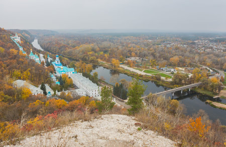 Orthodox church in Svyatogorsk, Donetsk Region, Ukraine, autumn landscape