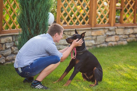 Young man playing with dog near the riverの写真素材
