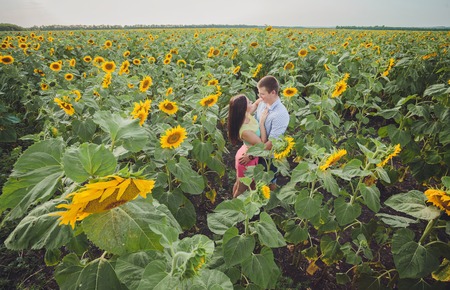 loving couple in a field of sunflowersの写真素材