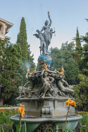 Fountain Goddess Night in the park of Gurzuf, Crimea, Ukraine. Fountain was built in 1889