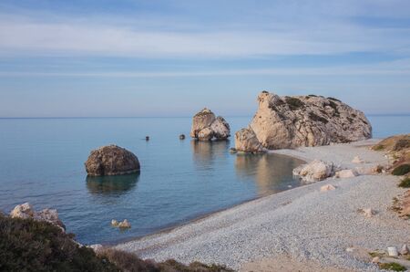 Seascape with Petra tou Romiou, also known as Aphrodite's Rock, is a sea stack in Pafos, Cyprus.の写真素材