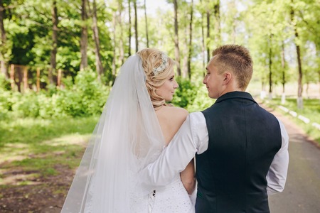 Happy bride and groom on their weddingの写真素材