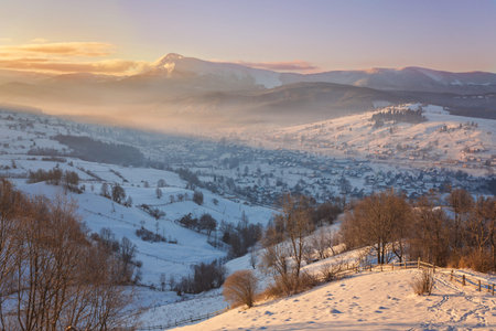 Beautiful winter landscape in the mountains. Sunrise