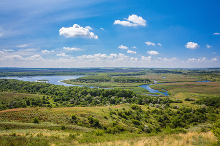 landscape with mountains trees and a river in frontの写真素材
