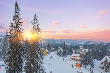 majestic sunset in the winter mountains landscapeの写真素材