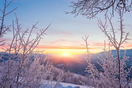 Beautiful winter landscape in the mountains. Sunriseの写真素材