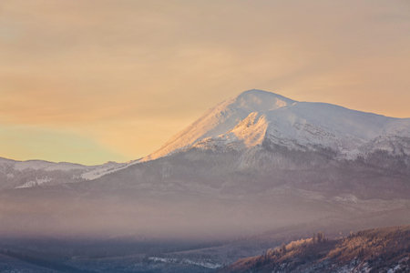 majestic sunset in the winter mountains landscapeの写真素材