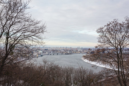 Winter view on the downtown in Lviv, Ukraine. Old buildings. Roofs covered by snowの写真素材