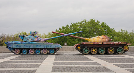 Tanks painted with flowers in Kiev, Ukraineの写真素材
