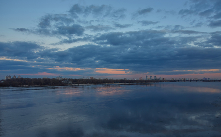 on the right bank of Kiev View. Dnieper River at sunsetの写真素材