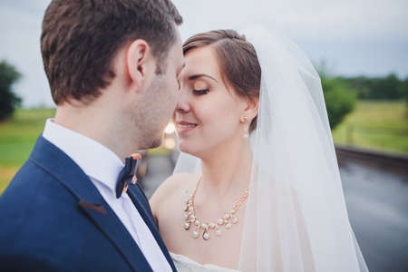 young bride and groom on the background of the fieldの写真素材