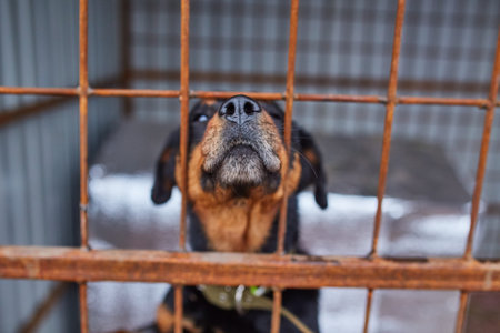 Sad homeless rottweiler in animal shelter cage