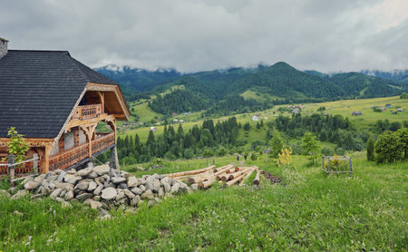 A wooden house on a green meadow in mountains. A house near old forest. Lifestyle in the Carpathian...