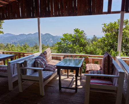 The open air terrace with the view on sea in rustic cafe of Yoruk park, Kemer, Turkey.の写真素材