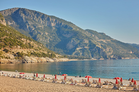 Sun beds along the shores of the Mediterranean Sea, Oludeniz, Turkeyの写真素材