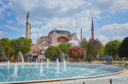 Hagia Sophia and fountain in Istanbul, Turkey in a beautiful summer dayの写真素材