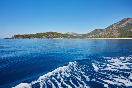 Panoramic view from Kumburnu or Belcekiz Beach in Fethiye. Paragliding on Oludeniz or Olu Deniz Beach from Babadag, Panoramic view from Fethiye Oludeniz beach Turkey.の写真素材