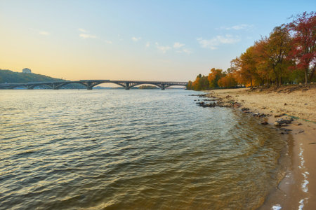 Bridge metro across the Dnieper River in Kiev. The metro train rides the bridge.