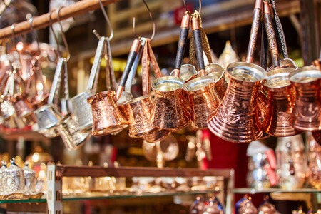 Turkish ceramic and copper jars on sale at the Grand Bazaar in Istanbul, Turkey.の写真素材