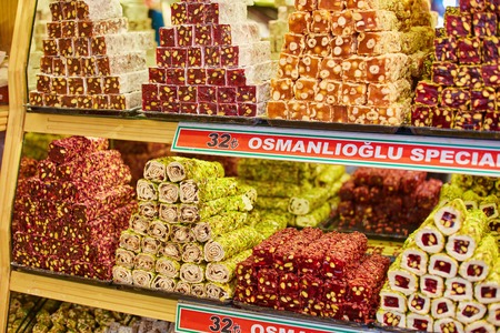 Turkish traditional sweets, rahat lukum in counter in the Grand Bazar market, Istanbulの写真素材