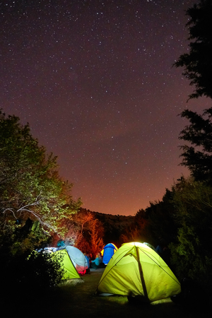camp in forest at night with starの写真素材