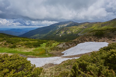 mountainous landscape with forested hills. beautiful summer scenery on a cloudy dayの写真素材