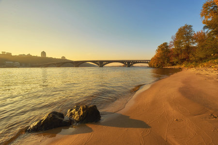 Bridge metro across the Dnieper River in Kiev. The metro train rides the bridge.の写真素材