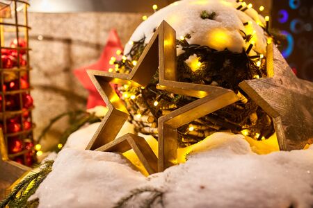 Decorated Christmas tree on blurred, sparkling and fairy backgroundの写真素材