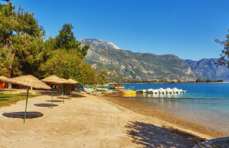 Amazing aerial view of Lagoon in Oludeniz, Turkey. Summer landscape with sea spit, green trees,...