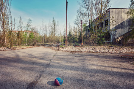 Pripyat, Ukraine - April 25 2019: Inscription Palace of Culture Energetik . Abandoned building in Pripyat. Sign Energetik on the roof of the building. Exclusion Zone, Chernobyl, Pripyatのeditorial素材