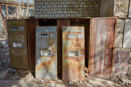 PRIPYAT, UKRAINE - April 25 2019: Rusty vending machines for sale soda water near cafe in dead...