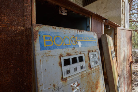PRIPYAT, UKRAINE - April 25 2019: Rusty vending machines for sale soda water near cafe in dead...