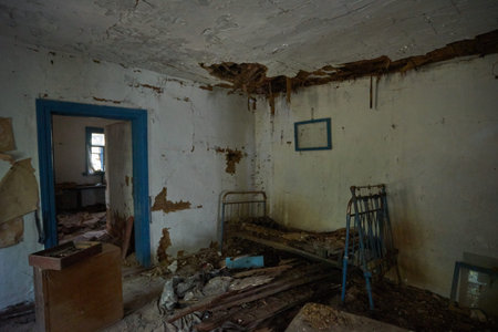 Pripyat, Ukraine - April 25 2019: ruined old houses in Zalyssia village located in Chernobyl Exclusion zone, popular dark tourism location, Ukraine, Eastern Europeのeditorial素材