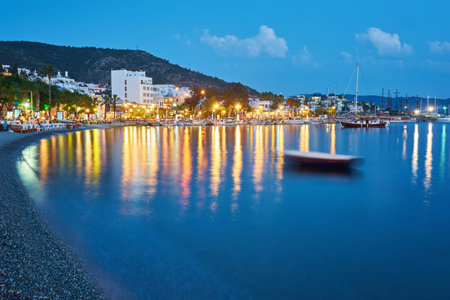 Night view to the bay and the cityscape of Bodrum, Turkeyの写真素材