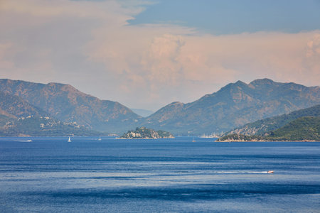 Beautiful Panoramic Aerial view at of boats, yacht, sailboat and bay in Marmaris, Turkey. Colorful...