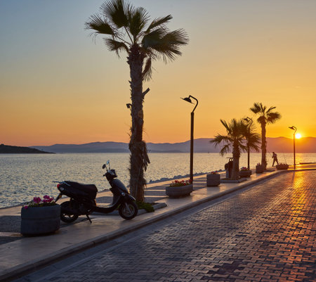 Night View of the marina in Cesme, Turkeyの写真素材