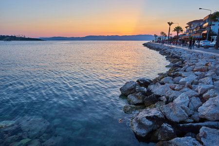 Night View of the marina in Cesme, Turkeyの写真素材