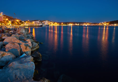 Night View of the marina in Cesme, Turkeyの写真素材