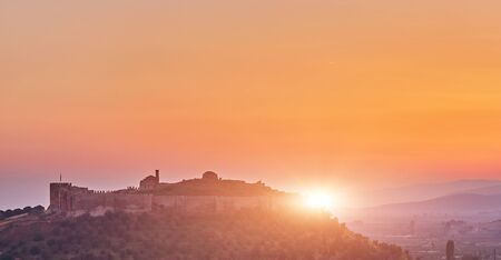 View of Selcuk with Ayasuluk fortress during sunset in the evening, Turkeyの写真素材