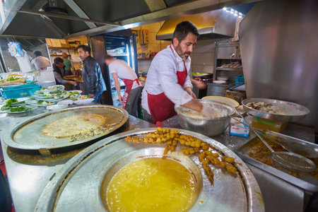 ISTANBUL, TURKEY - APRIL 23, 2018: Unidentified vendor sale street food at Istanbul side street, It's many kind of food which cheaper for local peoples or travelersのeditorial素材