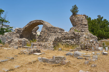 KOS ISLAND, GREECE - MAY 02, 2018: Asklepieion on the Greek island of Kos, ancient greek sanatorium dedicated to Asclepius, the god of medicine.のeditorial素材
