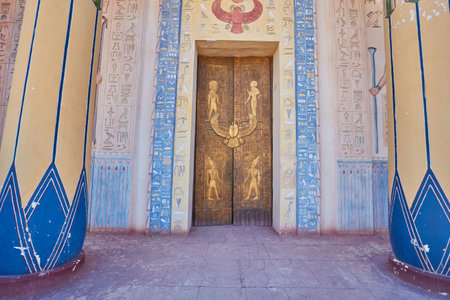 OUARZAZATE, MOROCCO - FEBRUARY 7, 2017: Atlas Studios, one of the largest movie studios in the world, in terms of land area - statues by entranceのeditorial素材