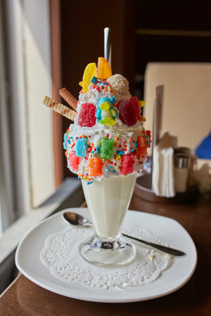 Crazy shake on top with a strawberry marmalade and candy and marmalade bears on a bright colored...