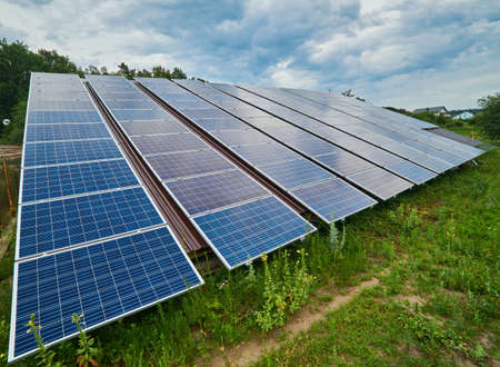 Solar panel produces green, environmentally friendly energy from the sun.の写真素材