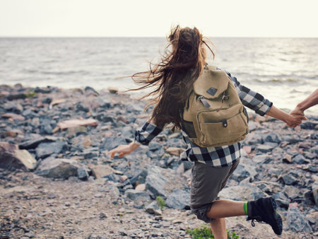 Happy couple at a lake in the countrysideの写真素材